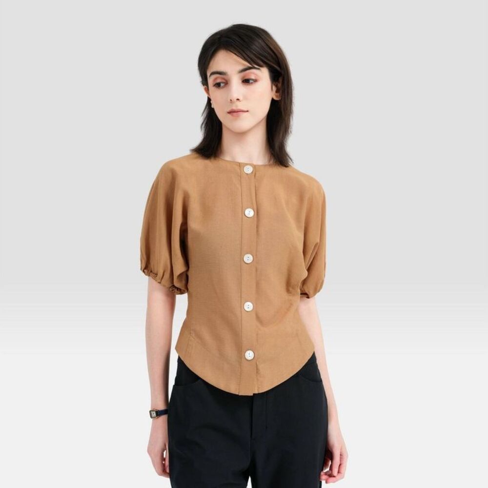 Women's Puff Short Sleeve Buttoned Blouse - A New Day Brown S